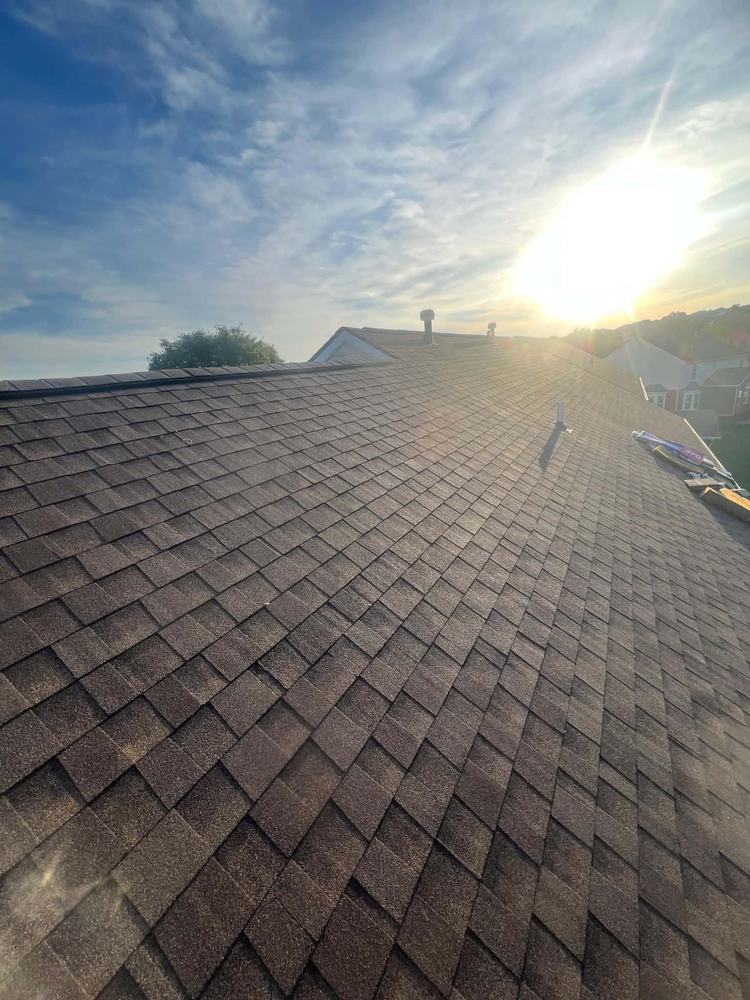Finished shingle roof photographed in low early-morning light